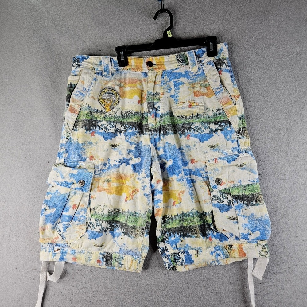 AKOO Shorts Men 36 Multicolor Camo Cargo Pockets Drawstring Streetwear 12 Inseam